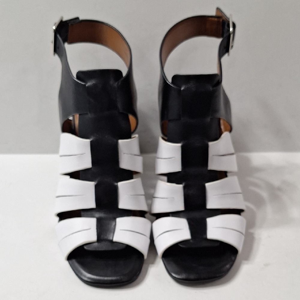 Halston Heritage Black White Retro Strappy Preppy Academia Heeled Sandals Sz.5.5